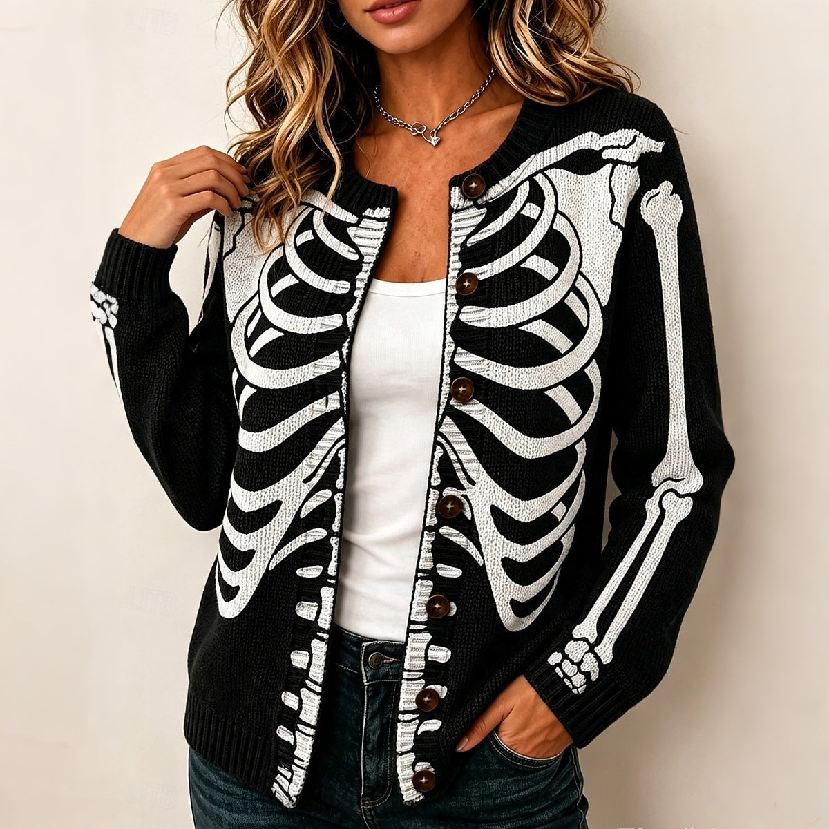 Women's Halloween Skull Graphics Knit Button Cardigan