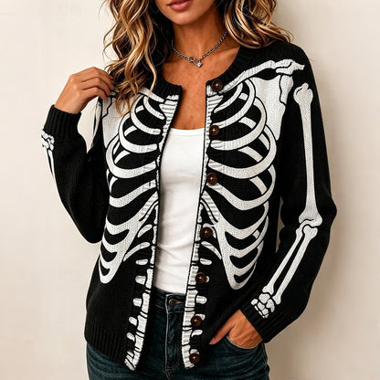 Women's Halloween Skull Graphics Knit Button Cardigan