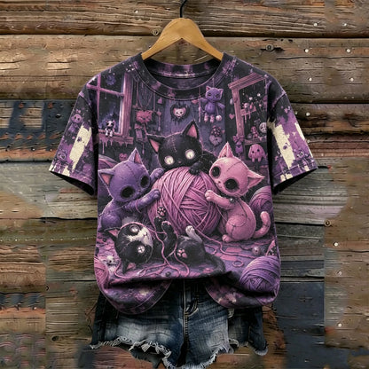 Women's Gothic Retro Distressed Purple Halloween Kitten Doll Print T-shirt