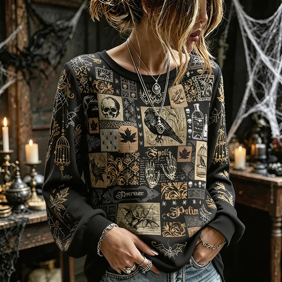 Women's Halloween Vintage Spider And Spiderweb Art Print Casual Crewneck Long Sleeve Top