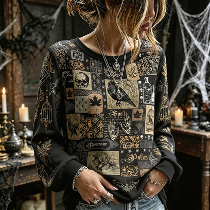 Women's Halloween Vintage Spider And Spiderweb Art Print Casual Crewneck Long Sleeve Top