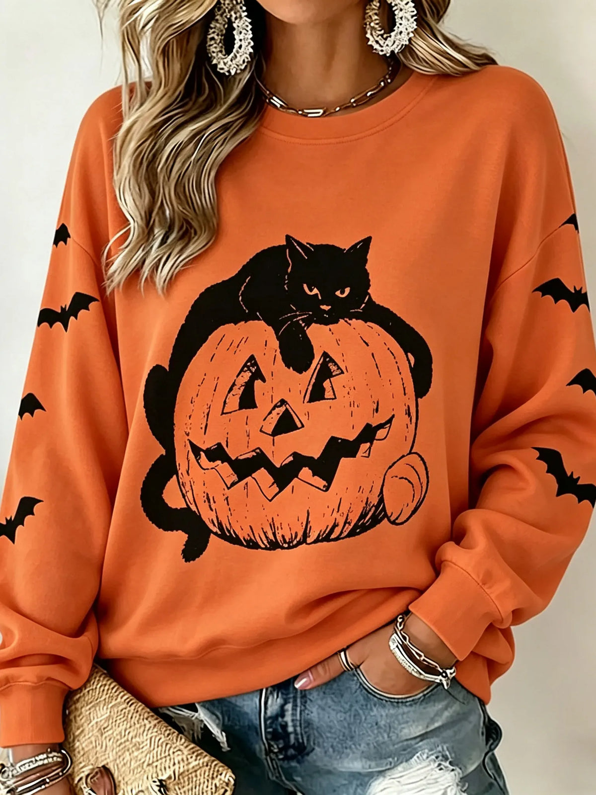 Women's Retro Halloween Cat Print Casual Sweatshirt