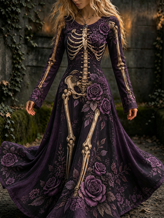 Women's Retro Halloween Gothic Skeleton And Purple Rose Flowers Pattern Print Maxi Dress