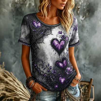 Women's Retro Heart Floral Dark Round Neck Short Sleeve T-shirt