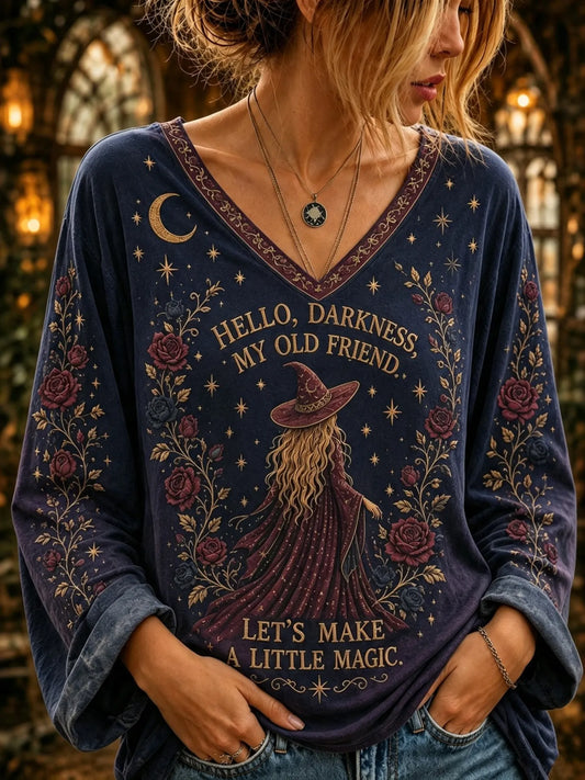 Women's Retro Halloween Witch Letter Sun Moon Rose Print V-neck Long Sleeve Cotton Linen Top