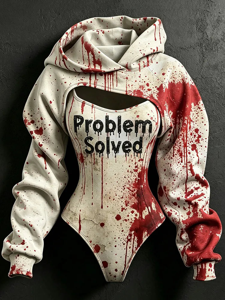 Women's Retro Halloween Bloodstain Problem Solved Print Hoodie Two-piece Set