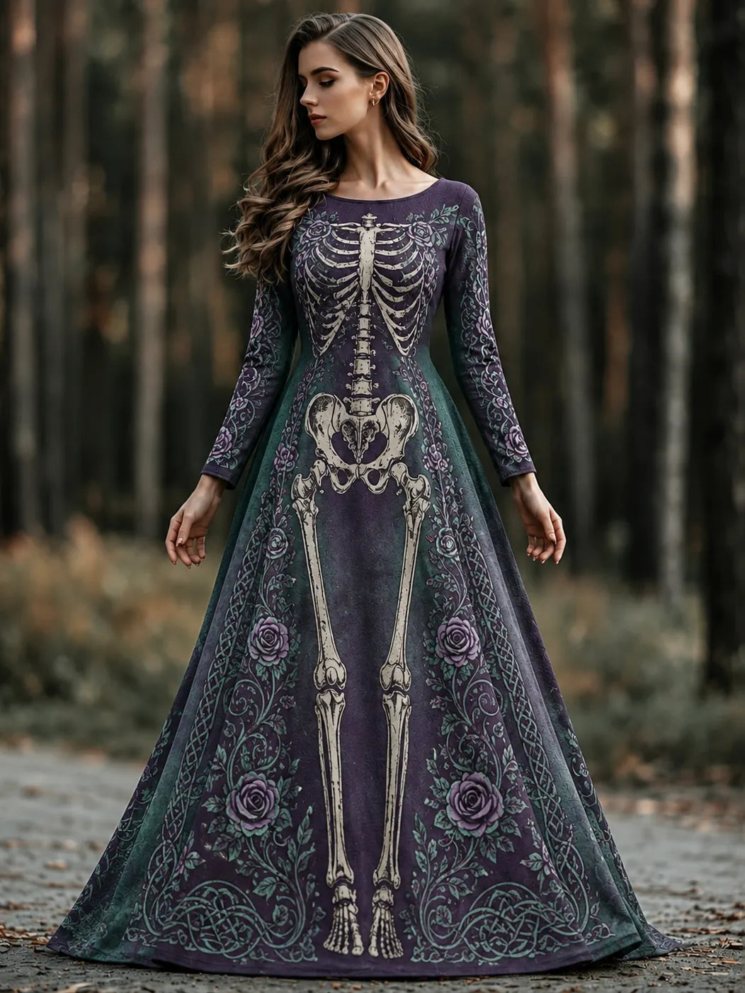 Women's Retro Halloween Gothic Skeleton And Floral Celtic Pattern Crew Neck Dress