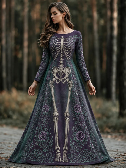 Women's Retro Halloween Gothic Skeleton And Floral Celtic Pattern Crew Neck Dress