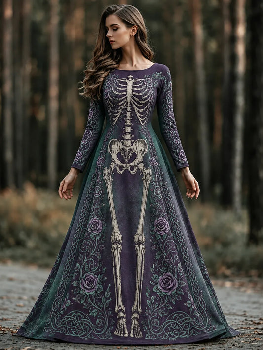 Women's Retro Halloween Gothic Skeleton And Floral Celtic Pattern Crew Neck Dress