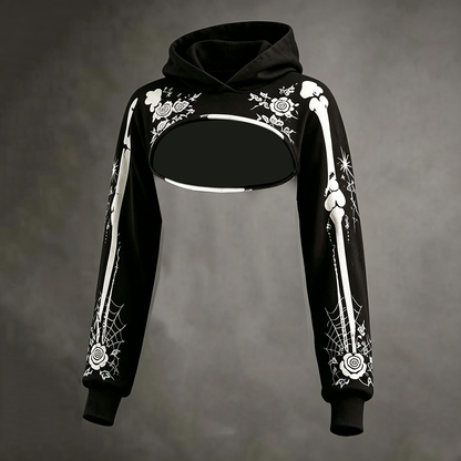 Women's Retro Halloween Skeleton Rose Print Hoodie Three-piece Set