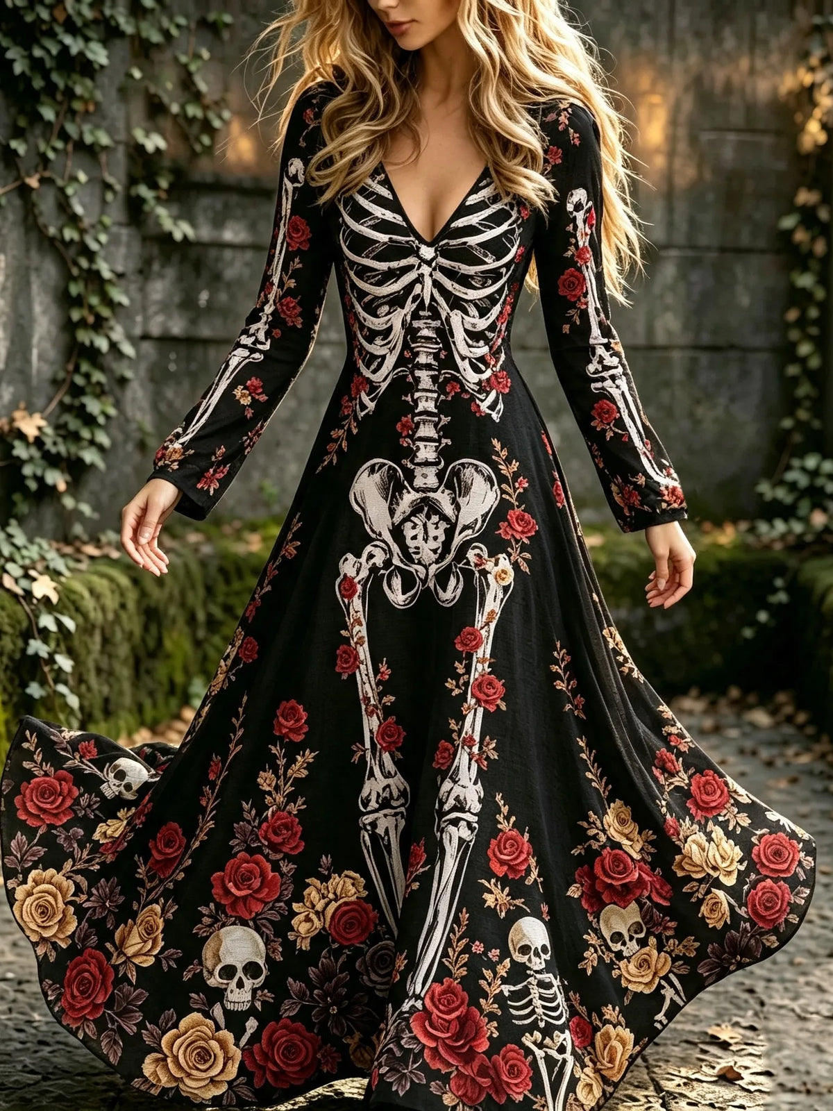 Women's Halloween Gothic Skeleton & Floral Pattern Print V-neck Maxi Dress