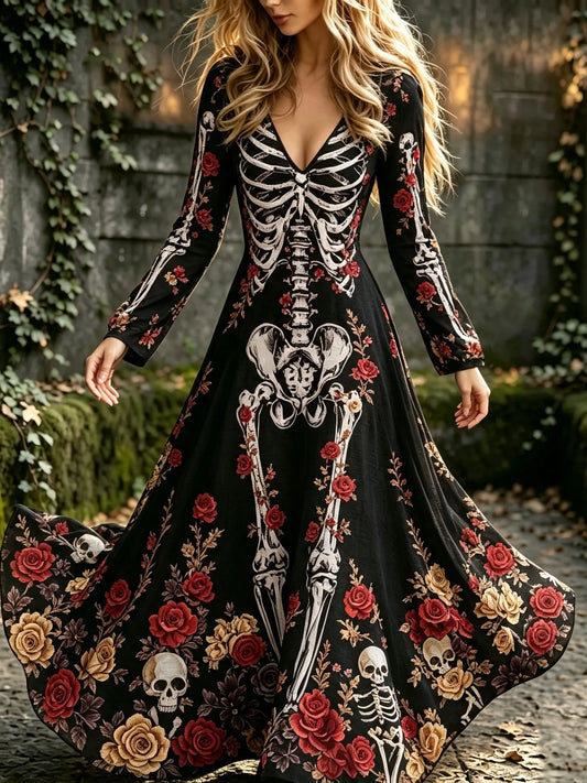 Women's Halloween Gothic Skeleton & Floral Pattern Print V-neck Maxi Dress