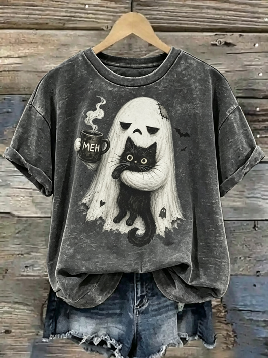 Abstract Creative Ghost Cat Spooky Black Cat Graphic Funny Introvert Halloween Coffee Lover Casual T-shirt