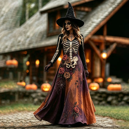 Women's Halloween Skull Flower Gradient Print Witch V-neck Maxi Dress
