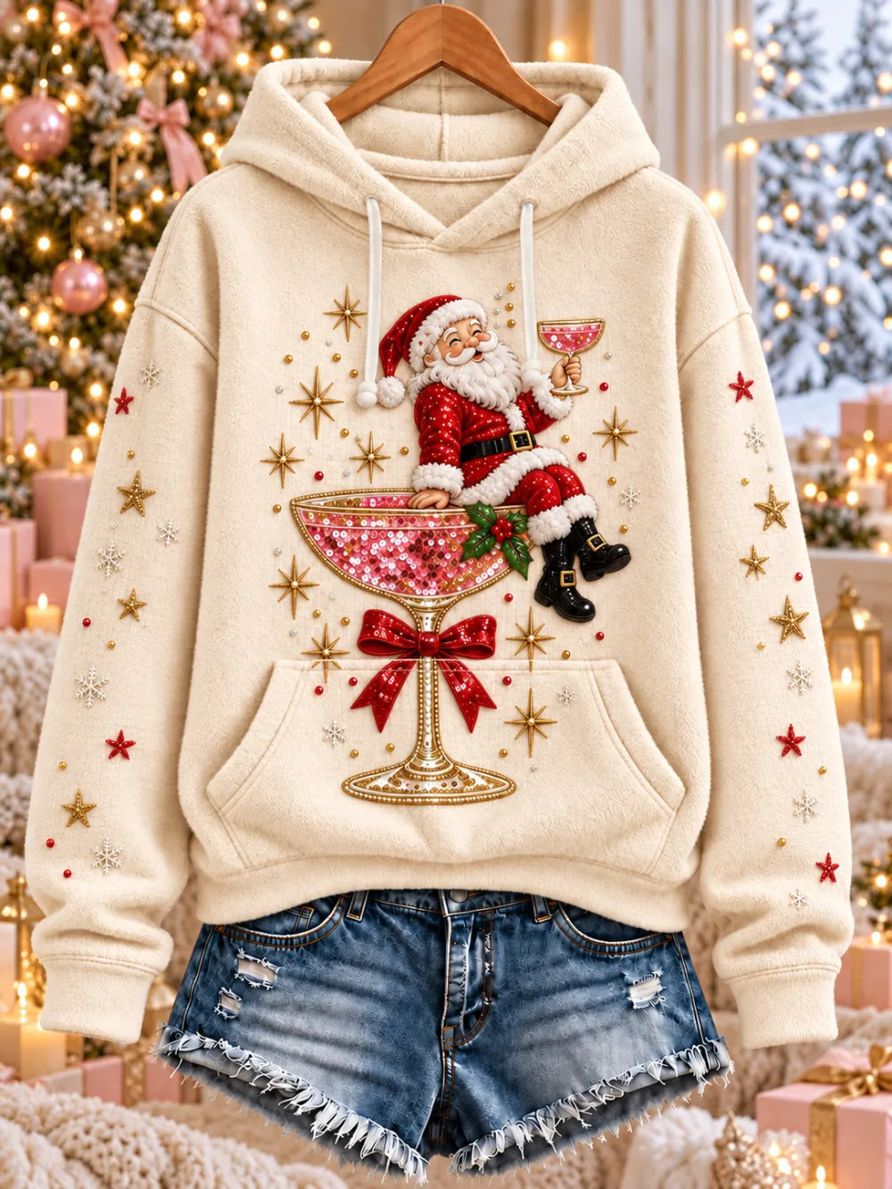 Women'S Christmas Themed Printed Flannel Hoodie