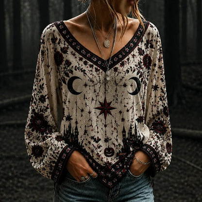 Women's V-neck Long Batwing Sleeve Casual Blouse With Gothic Crescent Moon, Castle, And Floral Print