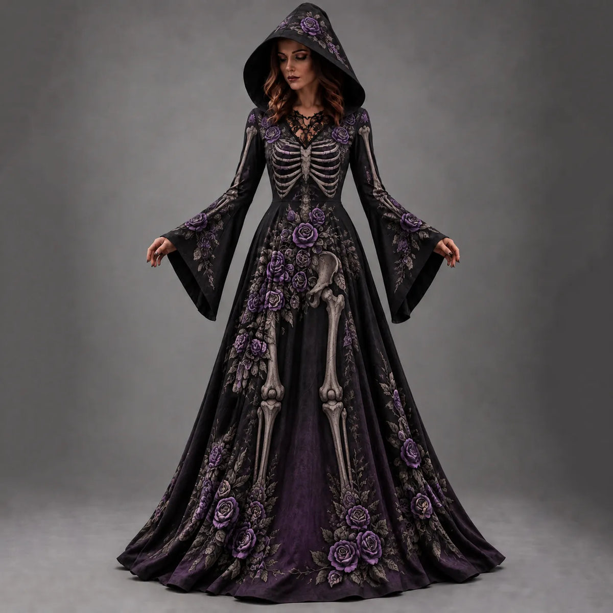 Women's Halloween Gothic Skeleton & Floral Long-sleeve Hooded Long Dress