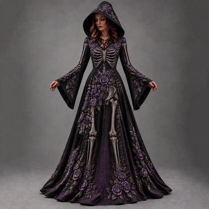 Women's Halloween Gothic Skeleton & Floral Long-sleeve Hooded Long Dress