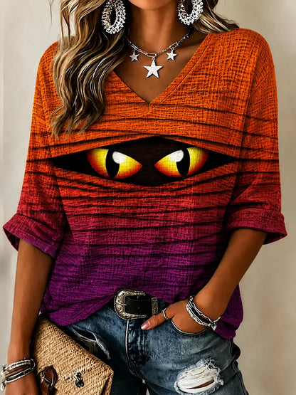 Women's Halloween Peeping Cat Art Print  V-neck Short Sleeve Top