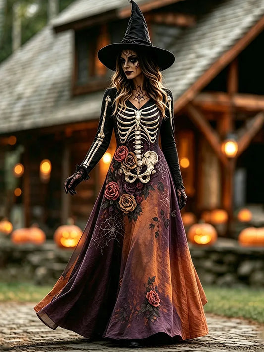 Women's Halloween Skull Flower Gradient Print Witch V-neck Maxi Dress