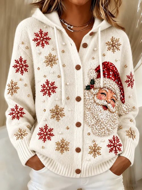 Women's Santa and Snowflake Hooded Knit Cardigan - White