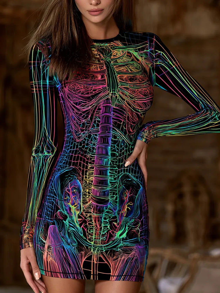 Women's Halloween Dark Gothic Humanoid Mechanical Skeleton Art Crew Neck Long Sleeve Dress
