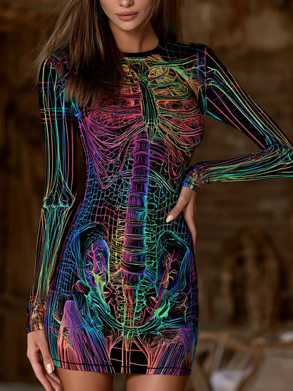 Women's Halloween Dark Gothic Humanoid Mechanical Skeleton Art Crew Neck Long Sleeve Dress