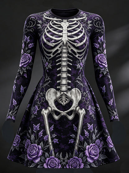 Women's Vintage Halloween Anatomy And Floral Art Comfy Playful Crewneck Long Sleeve Dress