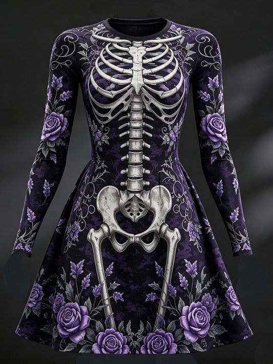 Women's Vintage Halloween Anatomy And Floral Art Comfy Playful Crewneck Long Sleeve Dress