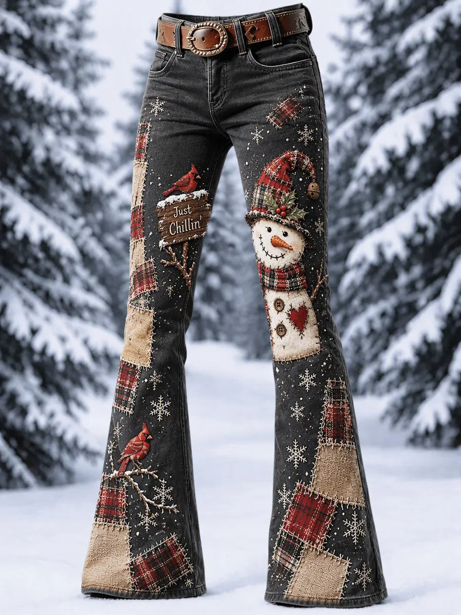 Women'S Christmas Snowman Pattern Casual Jeans