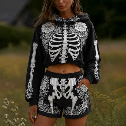 Women's Halloween Funny Skeleton With Roses Cropped Hoodie Shorts 2‑piece Set Party Outfit
