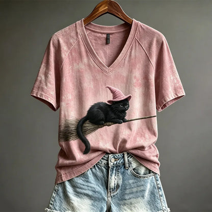 Women's Halloween Flying Fuzzy Witch Cat  Print Short-sleeved T-shirt