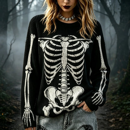 Women's Retro Halloween-themed Human Skeleton Print Sweater