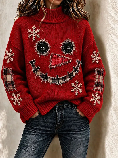 Ladies' Christmas Snowman Pattern High Neck Knitted Shirt