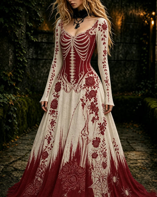 Women's Retro Gothic Skeleton And Rose Pattern Maxi Halloween Dress
