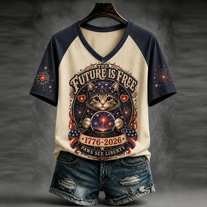 Women's Halloween Cute Cat And Usa Anniversary Art Print Raglan Sleeve T-shirt