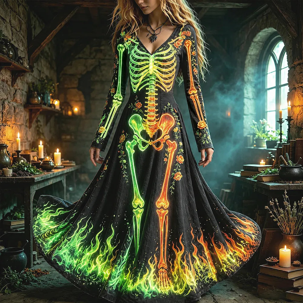 Women's Halloween Human Anatomy And Flame Art Glowing Print Bodycon Dress