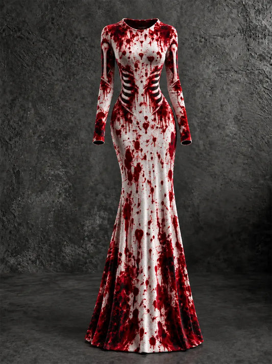Women's Halloween Bloodstain Skull Print Round Neck Long Dress