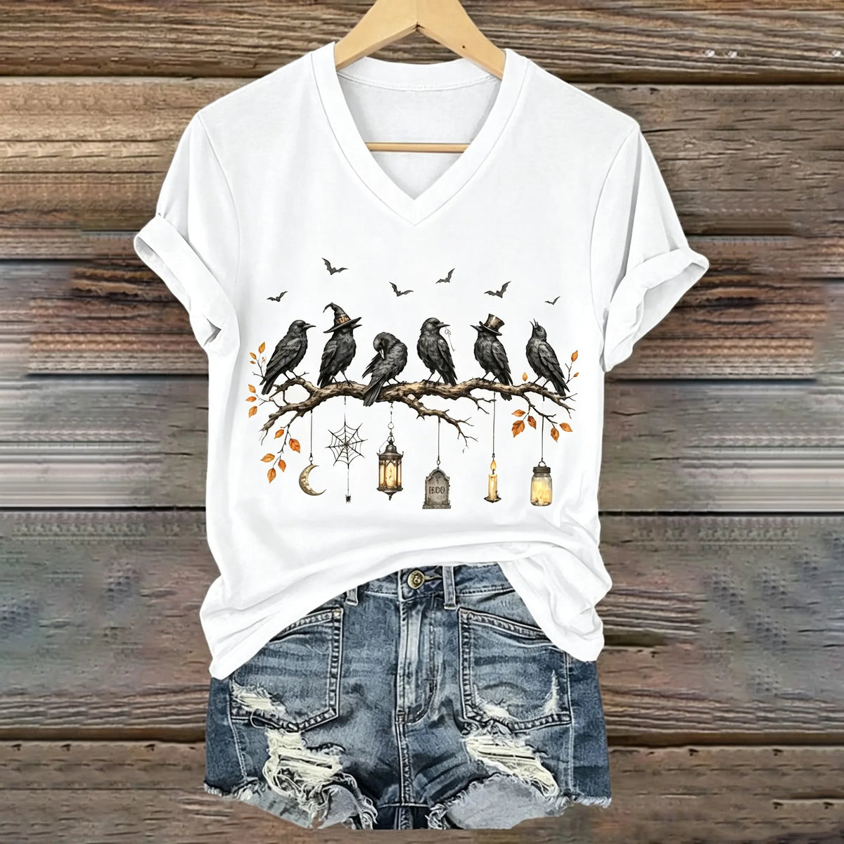 Women's Halloween Raven Print T-shirt