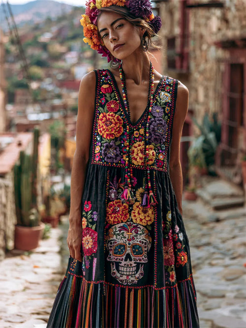 Women's Retro Floral Skull-free Cotton Linen V-neck Dress