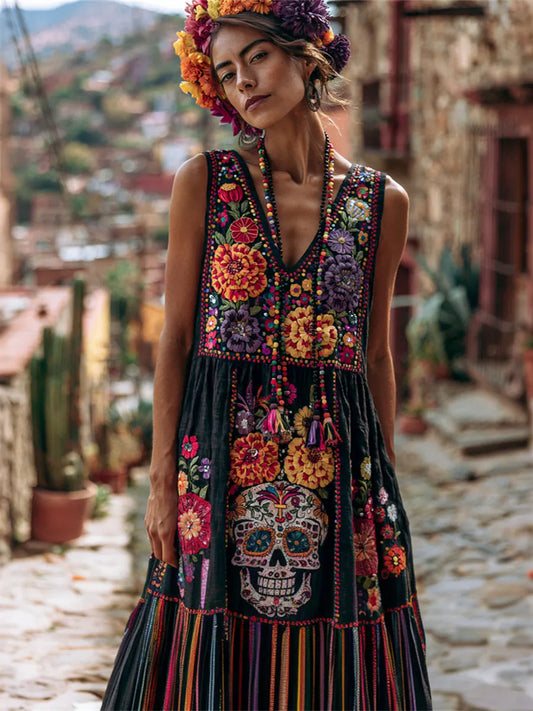 Women's Retro Floral Skull-free Cotton Linen V-neck Dress
