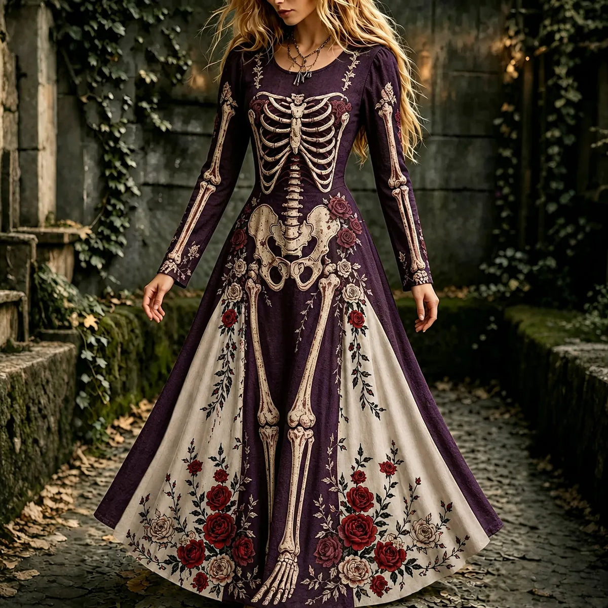 Women's Halloween Gothic Skeleton & Floral Long-sleeve Maxi Dress