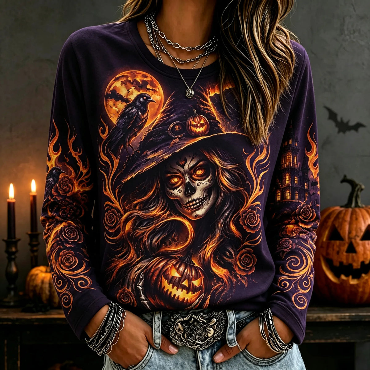 Women's Halloween-themed Printed Crew Neck Long-sleeved T-shirt