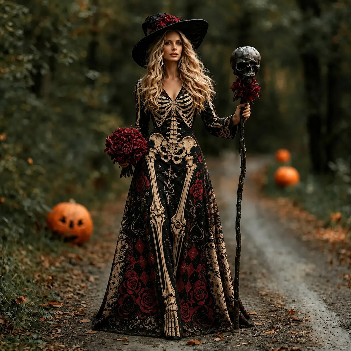 Women's Retro Halloween Gothic With Floral Pattern Print V-neck Maxi Dress