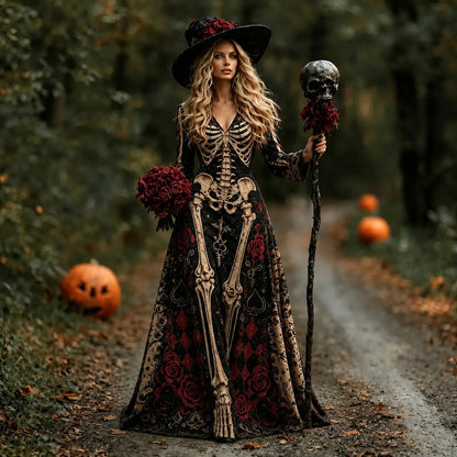 Women's Retro Halloween Gothic With Floral Pattern Print V-neck Maxi Dress