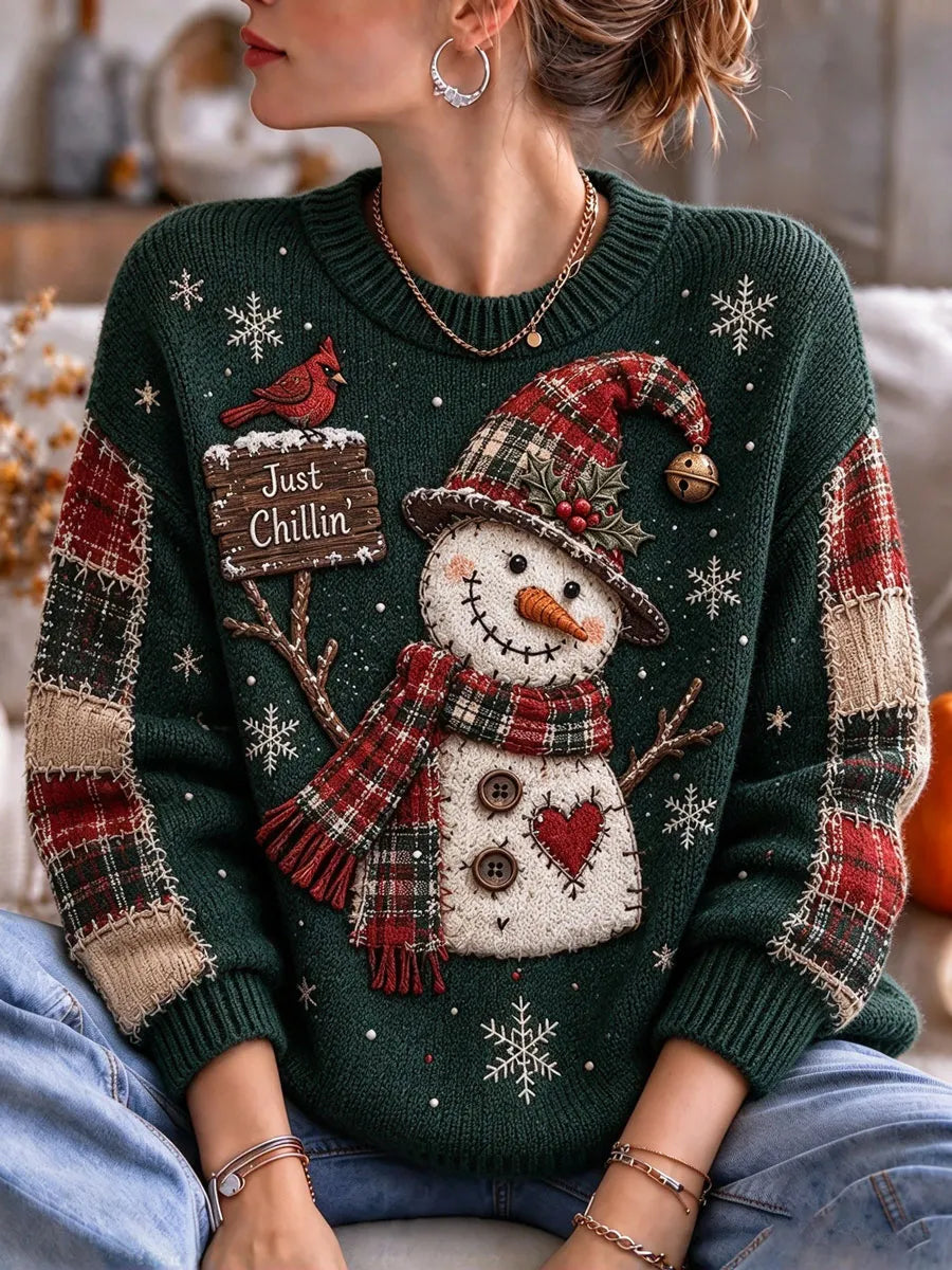 Ladies' Christmas Snowman Pattern Casual Knitted Shirt