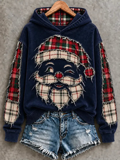 ✨Early Bird Christmas | Buy 3, Get 20% Off the Lowest-Priced Item✨Vintage Green Buffalo Plaid Distressed Santa Christmas Hoodie