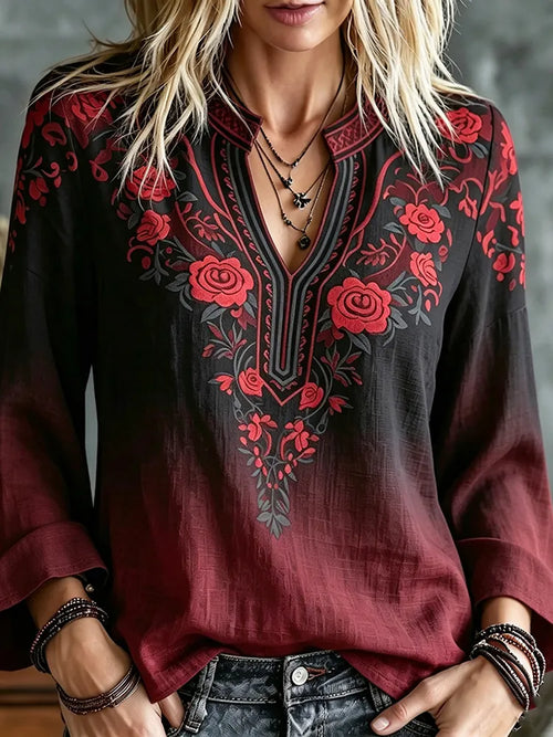 Women's Retro Celtic Knot Rose Gradient Print V-neck Shirt