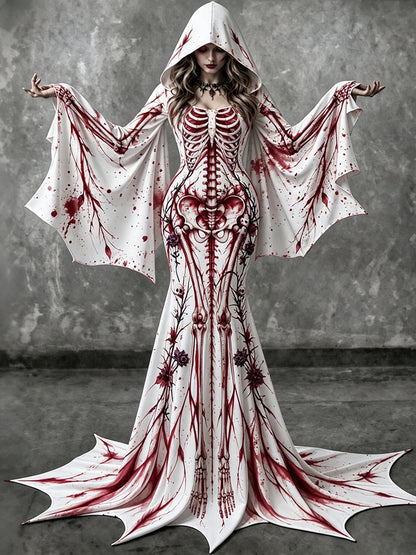 Women's Vintage Gothic Skeleton With Floral Batwing Flare Sleeve Round Neck Bodycon Maxi Dress With Hooded – Halloween Costume