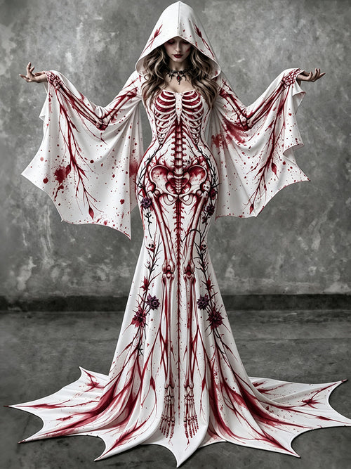 Women's Vintage Gothic Skeleton With Floral Batwing Flare Sleeve Round Neck Bodycon Maxi Dress With Hooded – Halloween Costume
